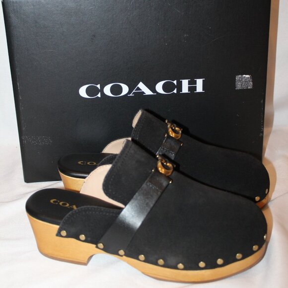 NIB‎ COACH WOMEN'S FINLAY SUEDE PLATFORM CLOGS BLACK SZ 7.5 - Picture 1 of 8